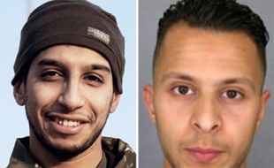 Montage photo, réalisé à Paris le 17 novembre 2015, de portraits montrant Abdelhamid Abaaoud, cerveau présumé des attentats de Paris, et Salah Abdeslam, encore en fuite