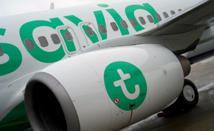 Logo de Transavia, le 26 janvier 2015, à Paris-Orly