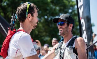 Michel Lanne (à droite), ici aux côtés de son coéquipier chez Salomon François D'Haene, après la Maxi-Race d'Annecy (83 km) en 2017.