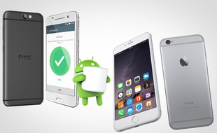 Le HTC One A9, à gauche, face à l'iPhone 6S.