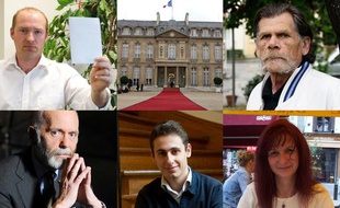 Stéphane Guyot et Robert Baud (en haut, à g. et à dr.), Renaud Camus, Maxime Verner et Brigitte Goldberg (en bas, de g. à dr.), candidats à la présidentielle 2012.