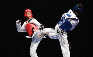 Magda Wiet-Hénin (de face) lors des Mondiaux de taekwondo à Manchester, en 2019.