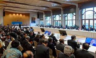 Vue générale de la conférence Genève II, le 22 janvier 2014 à Montreux, en Suisse.