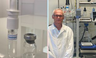 Illustration du vaccin nasal (à gauche). A droite, le professeur Didier betbeder, patron de la start-up lilloise Vaxinano.