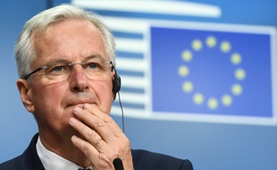 Michel Barnier, durant la conférence de presse après le Conseil européen, le 22 mai 2017 à Bruxelles.