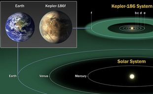 Comparatif à l'échelle de la planète Terre et de l'exoplanète Kepler 186f.