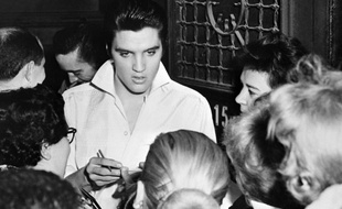 Elvis Presley signe des autographes à des fans après un concert, en 1958.