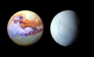 Titan (à gauche) et Encelade (à droite), deux des lunes de Saturne - Images recomposées à partir de clichés de la sonde Cassini