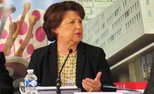 Martine Aubry, lors de sa conférence de presse de mi-mandat, le 29 septembre 23017, à Lille.