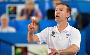 Le sélectionneur de l'équipe de France de basket, Vincent Collet, le 20 septembre 2013 à Ljubljana lors de la 1/2 finale de l'Euro contre l'Espagne.