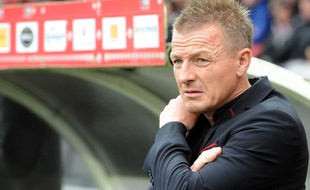 Olivier Guégan, le coach de Reims lors du match Guingamp-Reims du 2 mai 2015