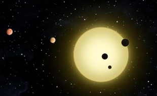 Vue d'artiste du système solaire orbitant autour de l'étoile Kepler-11, située à 2.000 années-lumière, qui contient six planètes.