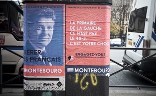 Des affiches d'Arnaud Montebourg pour la primaire du PS, le 19 décembre 2016, à Paris.