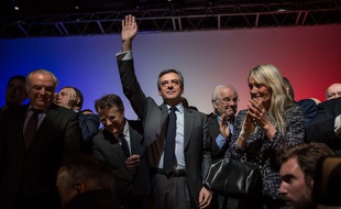 Meeting de Francois Fillon le 7 mars 2017 au Zenith d'Orleans. Le candidat salue la foule apres avoir chanté la Marseillaise.