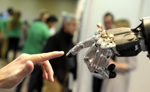 Un homme va toucher la main du robot SVH, le 19 novembre 2014 à Madrid