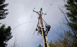 Des techniciens d'ERDF qui rétablissent le courant à Landevennec, le 15 février, après le passage de la tempête Ulla.