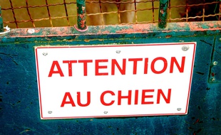 Un panneau mettant en garde contre des chiens méchants. Illustration.