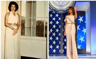 Jacqueline Kennedy dans le bureau ovale le 28 mars 1963, Melania Trump au bal de l'investiture le 20 janvier 2017.
