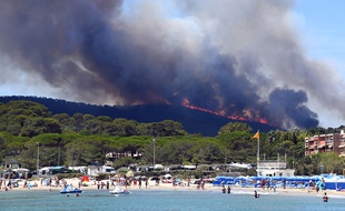 Les vacanciers à la plage à Bormes-les-Mimosas, non loin de la forêt en feu, le 26 juillet 2017.