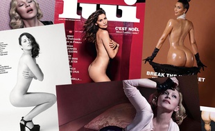 Montage de couvertures et de photos réalisées pour la presse, mettant en scène des stars nues.