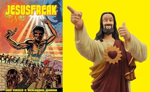 la couverture de Jesusfreak (à gauche) et la figurine du héros de la pop culture Buddy Jesus