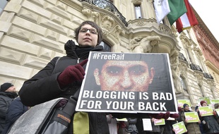 Manifestation en Autriche contre la sentence du blogueur saoudien Raef Badaoui, à Vienne le 6 février 2015.