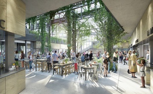 Vue intérieure du food hall de Nantes depuis le rez-de-chaussée.