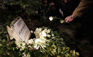 Une personne dépose une rose sur la plaque commémorative pour Ilan Halimi, à Bagneux, le 7 novembre 2017.