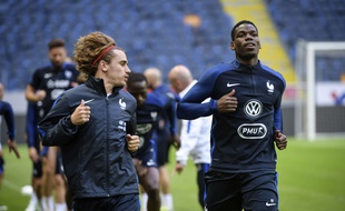 Antoine Griezmann et Paul Pogba s'entraînent à Stockholm, à la veille du match entre la Suède et la France, le 8 juin 2017.
