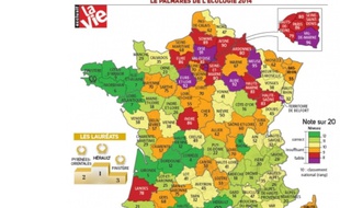 La carte de France du palmarès 2014 de l'écologie par l'hebdomadaire La Vie.