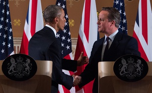 Barack Obama et David Cameron réunis le 22 avril 2016 lors d'une conférence de presse (Royaume-Uni).