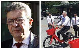 Collage AP/SIPA/20 Minutes/Fotor de Jean-Luc Mélenchon chef de file du parti France insoumise et du vélo Jump détenu par Uber Technologies