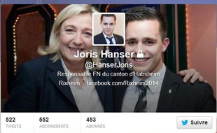 Le compte Twitter de Joris Hanser, candidat FN aux municipales écarté par le parti le 6 novembre 2013.