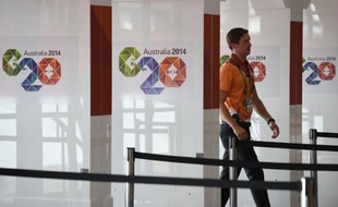 Des panneaux G20 au centre de presse, à la veille du sommet à Brisbane, le 13 novembre 2014 en Australie