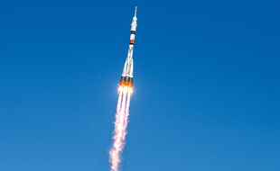 Décollage de la capsule Soyuz de Baikonour, au Kazakhstan, le 14 octobre 2020, irection la Station spatiale internationale.