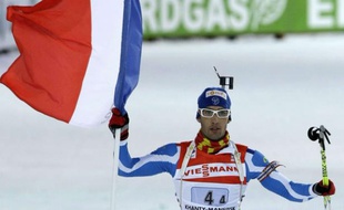 Le biathlète français Martin Fourcade, lors de la troisième place de la France en relais mixte aux championnats du monde de biathlon le 3 mars 2011 à Khanty Mansiysk, en Russie.
