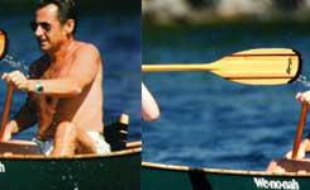 Nicolas Sarkozy en vacances. A gauche, la photo retouchée dans «Paris Match», à droite, la photo originale