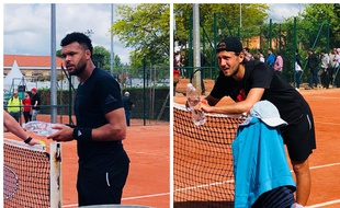 Jo-Wilfried Tsonga et Lucas Pouille sur les courts de la Villa Primrose à Bordeaux.