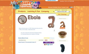 Capture d'écran du site internet de la compagnie Giant microbes Inc, qui vend des peluche du virus Ebola.