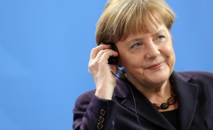 La chancelière allemande Angela Merkel lors d'une conférence de presse conjointe avec le président du Sri Lanka à Berlin le 17 février 2016