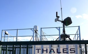 French Thales and CS group present one of the possible configurations of their System PARADE (Modular anti-drone deployade protection) in Bretigny near Paris, on October 21, 2022. (Photo by Eric PIERMONT / AFP)