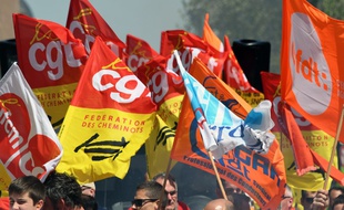 Des drapeaux de la CGT lors d'une manifestation à Toulouse le 19 avril 2018.