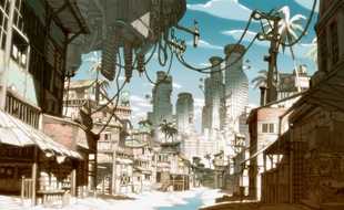 Concept art de la série japonaise «Basquash!» (2009) du studio Satelight, co-créée par Thomas Romain.
