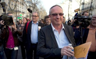Eric Aubin (CGT) à l'issue d'une réunion avec le Medef sur l'assurance-chômage le 20 mars 2014 à Paris