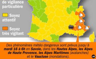 Carte d’alerte météo du 15 décembre 2008: des avalanches dans les Alpes et des inondations dans le Vaucluse.