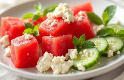 Un quatuor frais et croquant à savourer cet été : salade pastèque, concombre, feta et menthe prête en 10 minutes