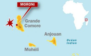 Carte de localisation de Moroni, aux Comores, où un avion de la compagnie Yemenia est tombé en mer avant son arrivée.