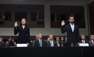 Le patron de Twitter, Jack Dorsey, et la numéro deux de Facebook, Sheryl Sandberg, devant le Congrès américain, le 5 septembre 2018.