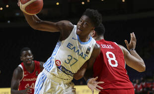 Kostas Antetokounmpo sous le maillot de l'équipe de Grèce contre le Canada, le 29 juin 2021. (Chad Hipolito/The Canadian Press via AP)