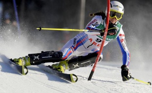 La skieuse française Sandrine Aubert, victorieuse du slalom de Are, le 13 mars 2009.